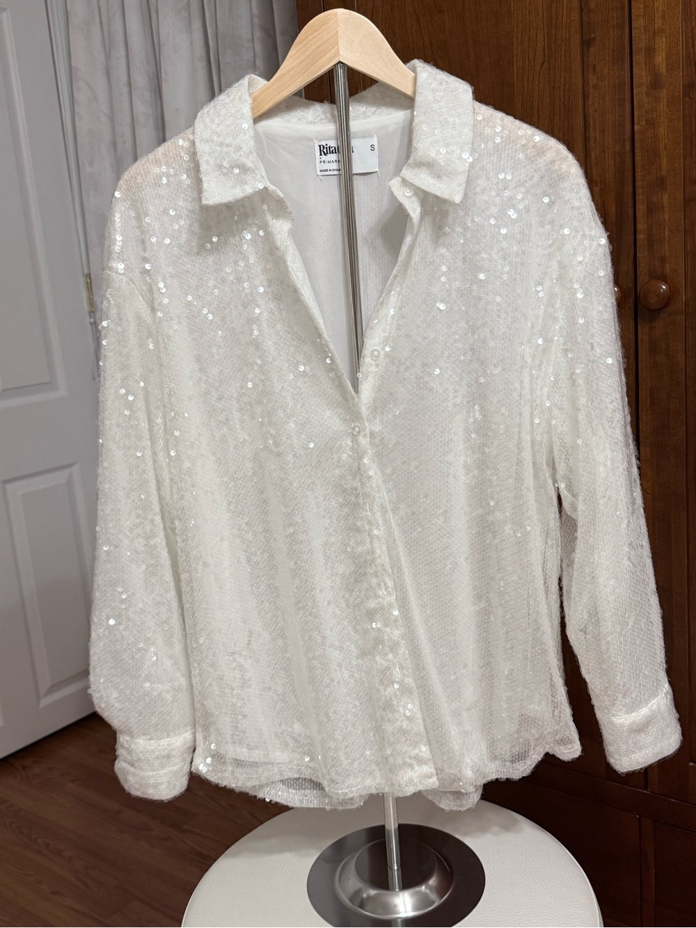 Sequin Button-Down Shirt Jacket in white